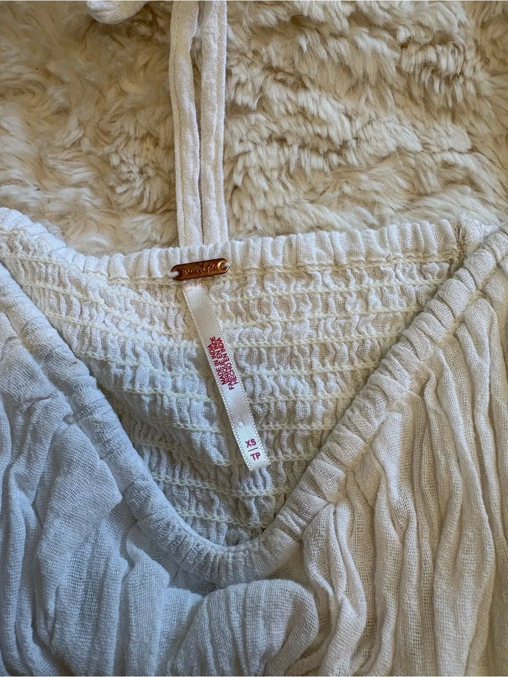 Free People White Cottagecore Smocked Long Sleeve Chloe Crop Top